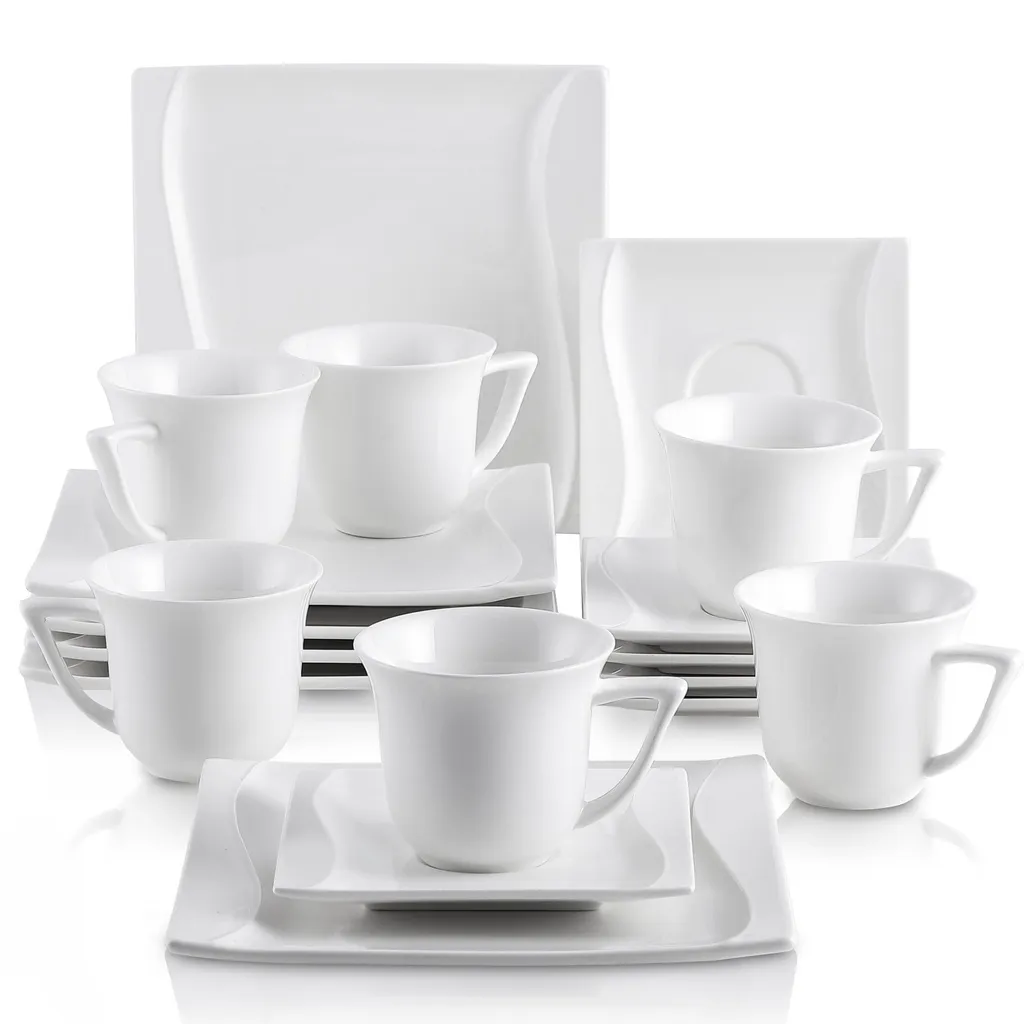 MALACASA, Serie Carina, 18 Tlg. Set Cremeweiß Porzellan Kaffeeservice Geschirrset Tafelservice mit je 6 Stück Dessertteller, 6 Tasse 200ml mit 6 Untertasse für 6 Personen